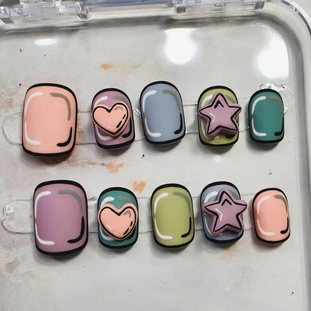 3D Pop Art Cartoon Press On Nails Kawaii Pastel Heart & Star Size Small